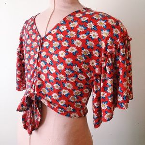 Crop Top Red Daisy Blouse Top Tie Front